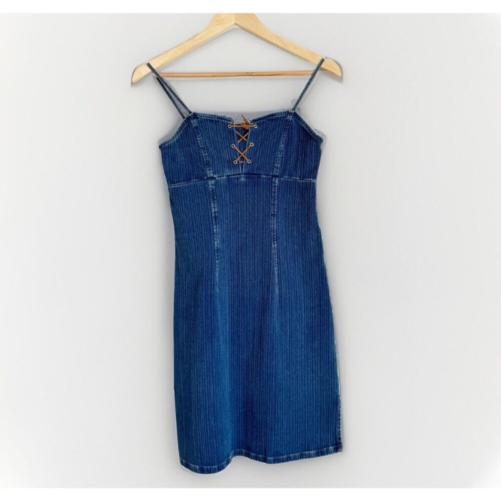 Vintage My Michelle Y2K Size 7/8 Denim Lace Up Bodycon Dress Side Slit Babydoll